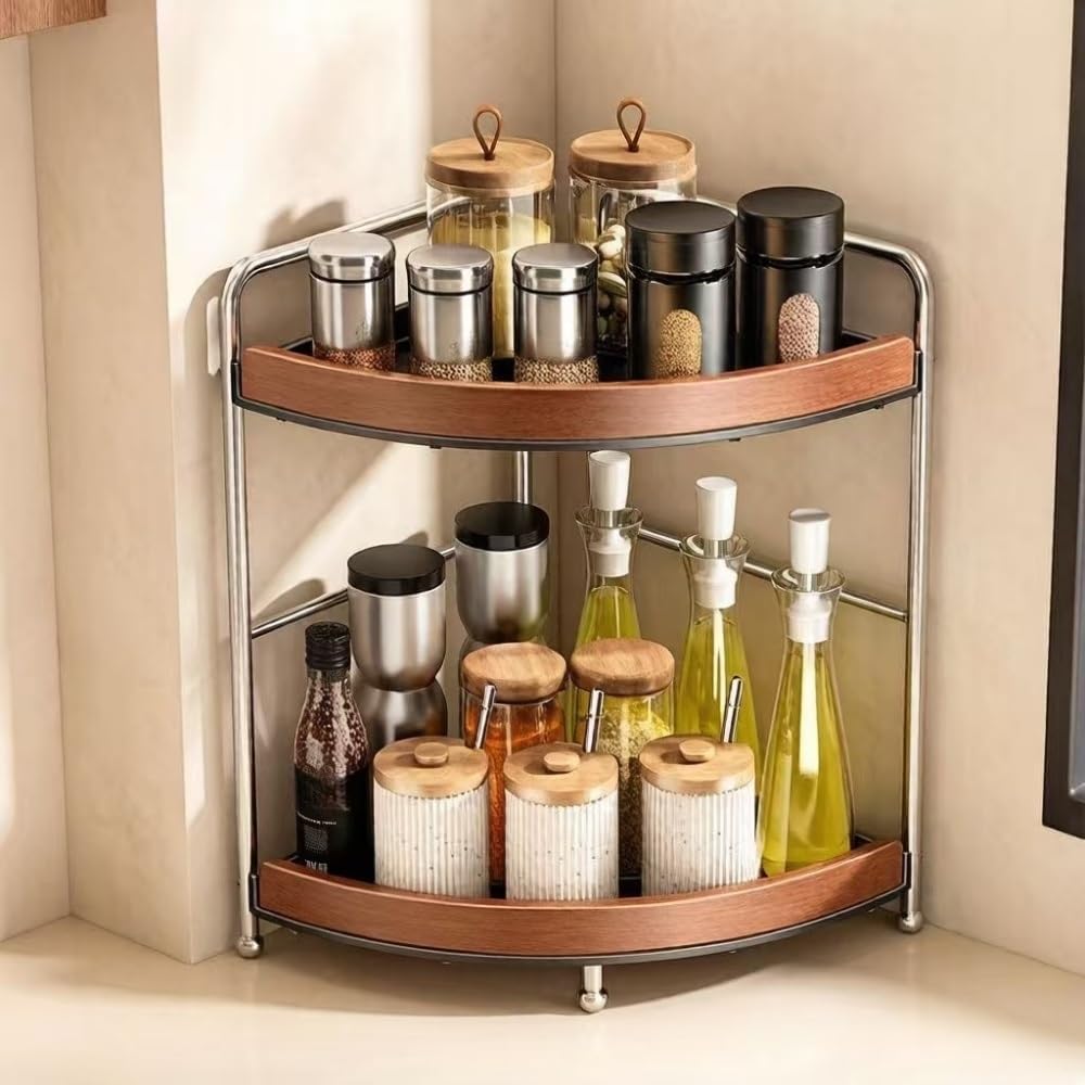 Corner Spice Rack with Metal Frame, Vintage 2-Layer Seasoning Organizer, Countertop Spice Organizer, Multifunctional Corner Shelf for Kitchen or Dining Room