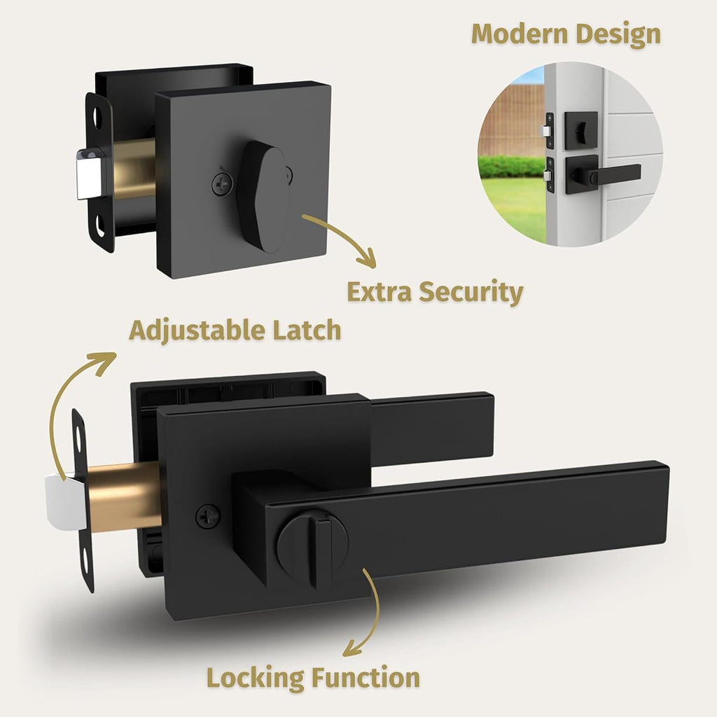 Mega Handles ROBELL Entrance Combo, Entry Lever Door Handle & Single Cylinder Deadbolt Lock & Key Pack, Heavy Duty Door Levers Set for Left or Right-Handed Doors - Matte Black (2 Pack) Keyed Alike