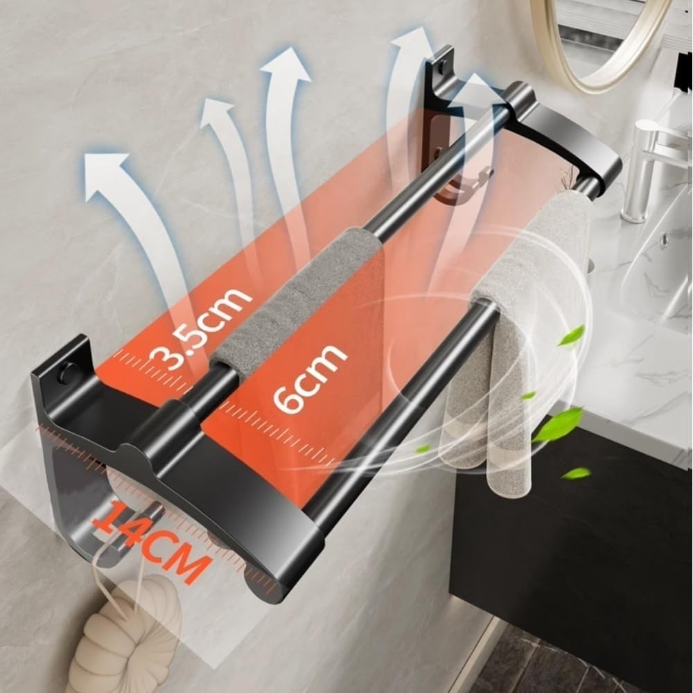 Bathroom Shower Organizer Bath Towel Bar, Thicken Aluminum Towel Hanger with 2 Towel Rods and 2 Hooks, Wall Mounted Towel Rack Hanger No Drilling Towel Bar, 3 Colors Bathroom Shelves(Black,80cm)