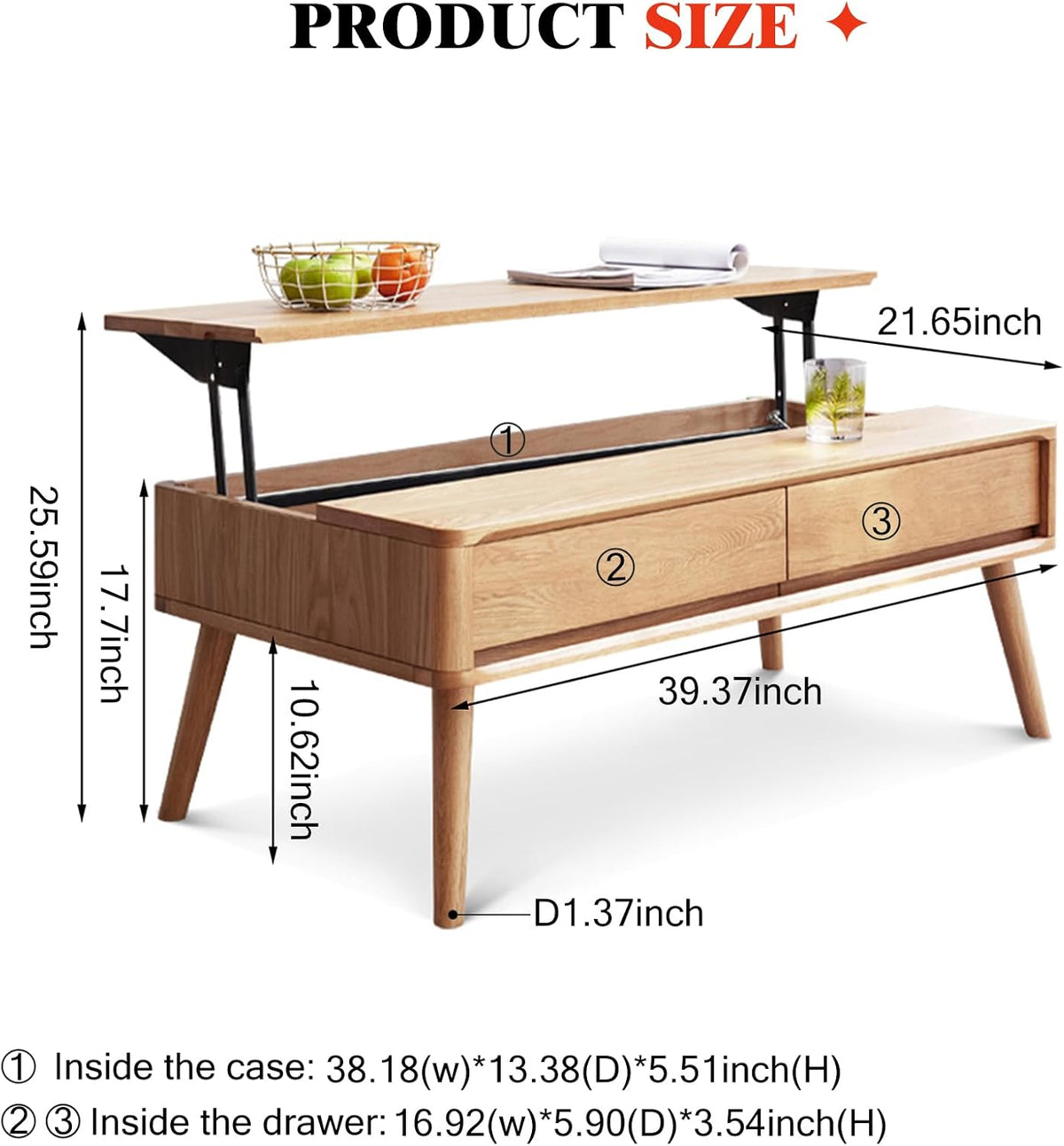 100% Solid Wood Lift Top Coffee Table for Living Room, Mid Century Modern Tables with Drawers and Large Storage, Oak Coffee Tables for Small Spaces (Oak Wood Log, 39.37' W x 21.65' D x 25.59' H)
