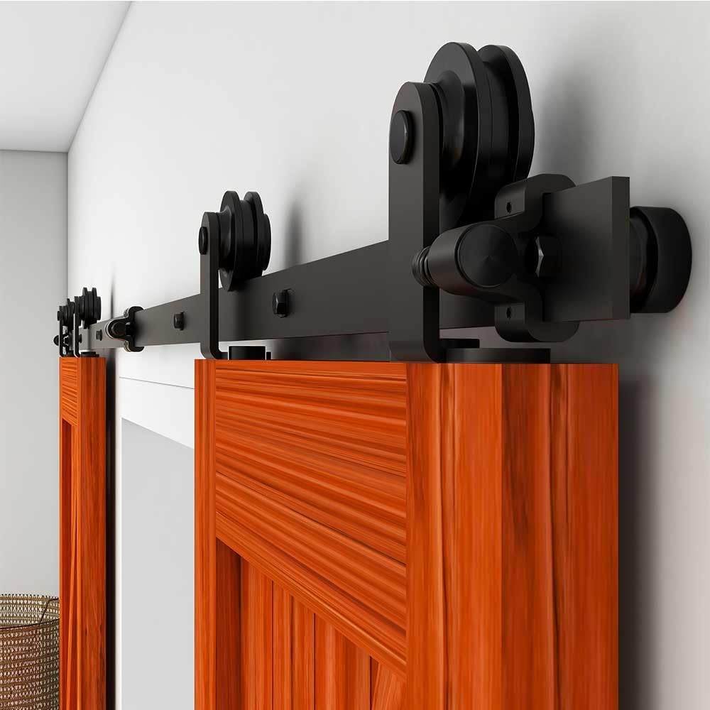 9FT Sliding Barn Door Hardware Kit, for 27' Width Double Door, Top Mount Roller, Matte Black