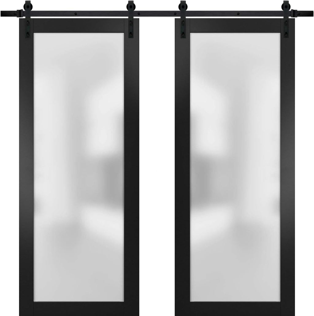 SARTODOORS Sturdy Double Barn Door with Frosted Glass | Planum 2102 Matte Black | 13FT Rail Hangers Heavy Set | Modern Solid Panel Interior Doors -64' x 96' (2 * 32x96)-Black Rail