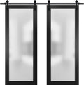 SARTODOORS Sturdy Double Barn Door with Frosted Glass | Planum 2102 Matte Black | 13FT Rail Hangers Heavy Set | Modern Solid Panel Interior Doors -64' x 96' (2 * 32x96)-Black Rail