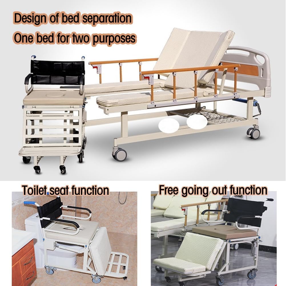 Manual Hospital Beds Adjustable with Wheelchairs Function, 10 in1 Function Hospital Beds for Home, Patient Nursing Aids with Quiet Wheels,(213 * 106 * 53 cm)