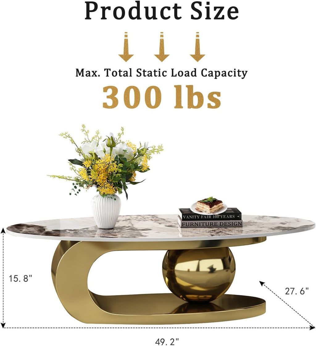 49.2' Oval Stone Coffee Table, Modern Center Tables with Sturdy Metal Base, Faux Marble Coffee Table with Pandora Textured Stone Tabletop, Tables for Living Room, Office, Gold