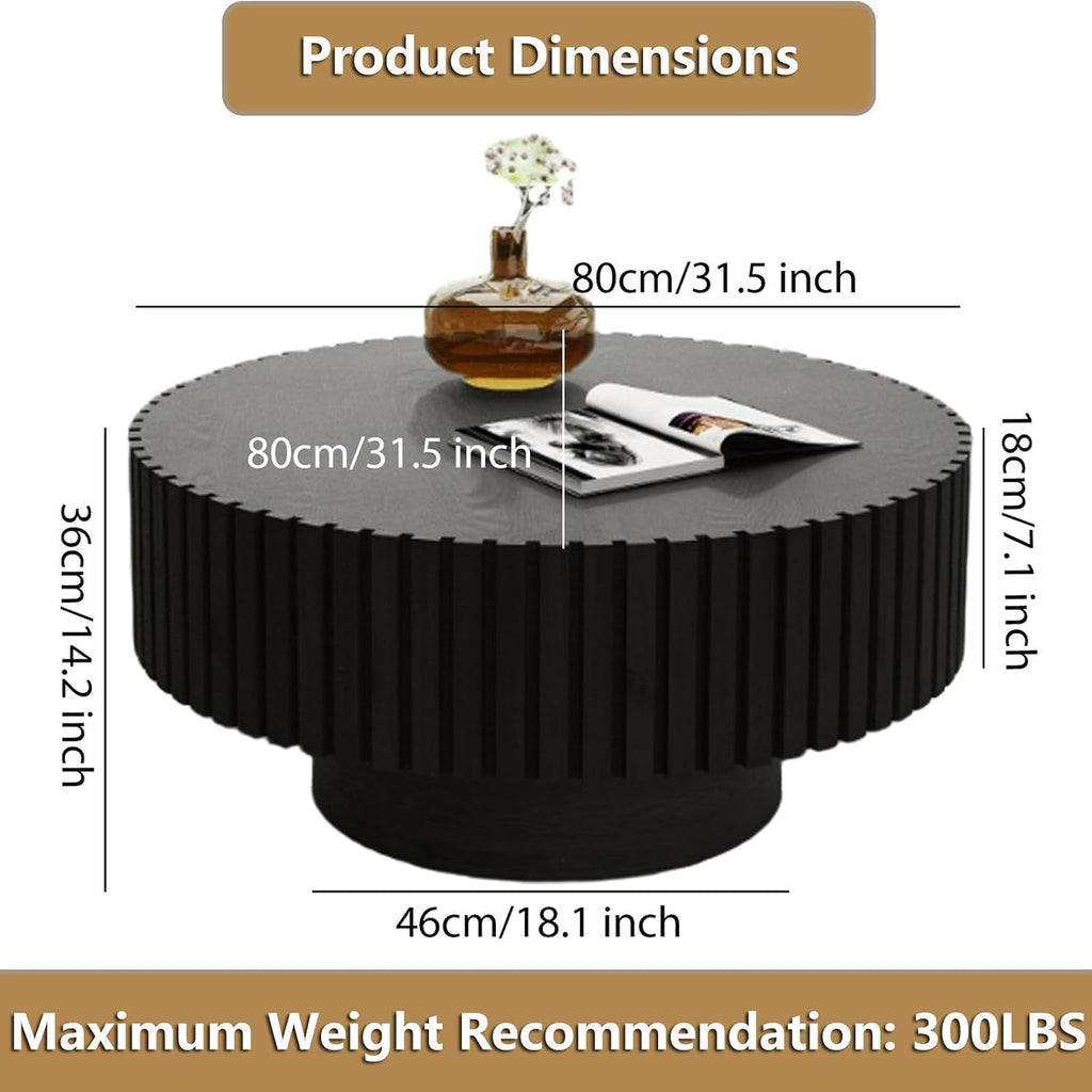 Round Handcraft Fluted Coffee Table with Sturdy Stable Pedestal Modern Luxury Drum Center Table Circle Accent Base Center Tables for Living Room Apartment (F)