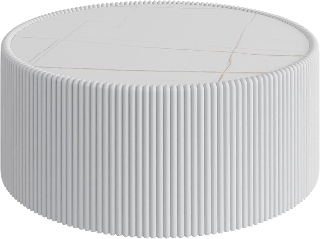 GDFStudio Modern Round Coffee Table, Luxury Sintered Stone Top Circle Coffee Table with PU Leather Drum Base, Creative Shape Small Tables for Living Room Side Tables, Fully Assembled, Milk White-Large