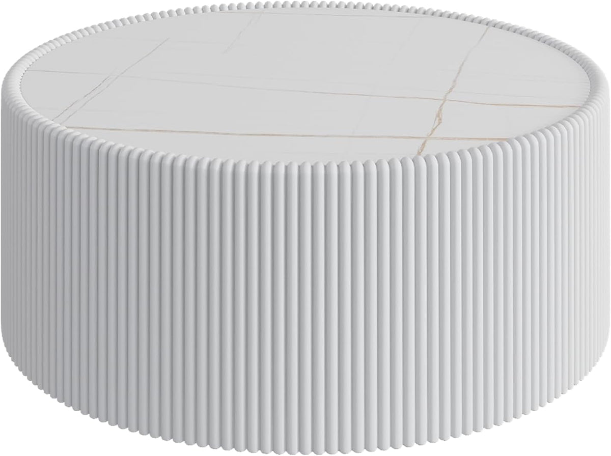 GDFStudio Modern Round Coffee Table, Luxury Sintered Stone Top Circle Coffee Table with PU Leather Drum Base, Creative Shape Small Tables for Living Room Side Tables, Fully Assembled, Milk White-Large