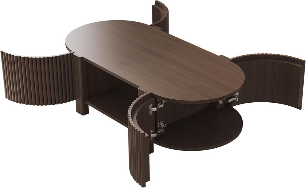 Oval Coffee Table with Storage, Fluted Coffee Table with Shelves and 2 Open Doors, Center Table for Living Room, Bedroom, Apartment or Office, Walnut