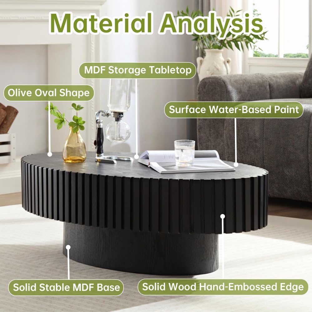 Oval Fluted Coffee Table Oval Drum Coffee Table Modern Black Fluted Coffee Tables for Living Room (Black, 44 * 24 * 14 inch)