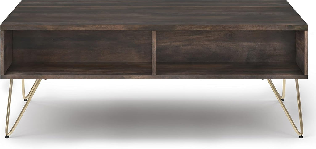 SIMPLIHOME Hunter SOLID MANGO WOOD and Metal 48 Inch Wide Rectangle Industrial Lift Top Coffee Table in Ebony, For the Living Room and Family Room
