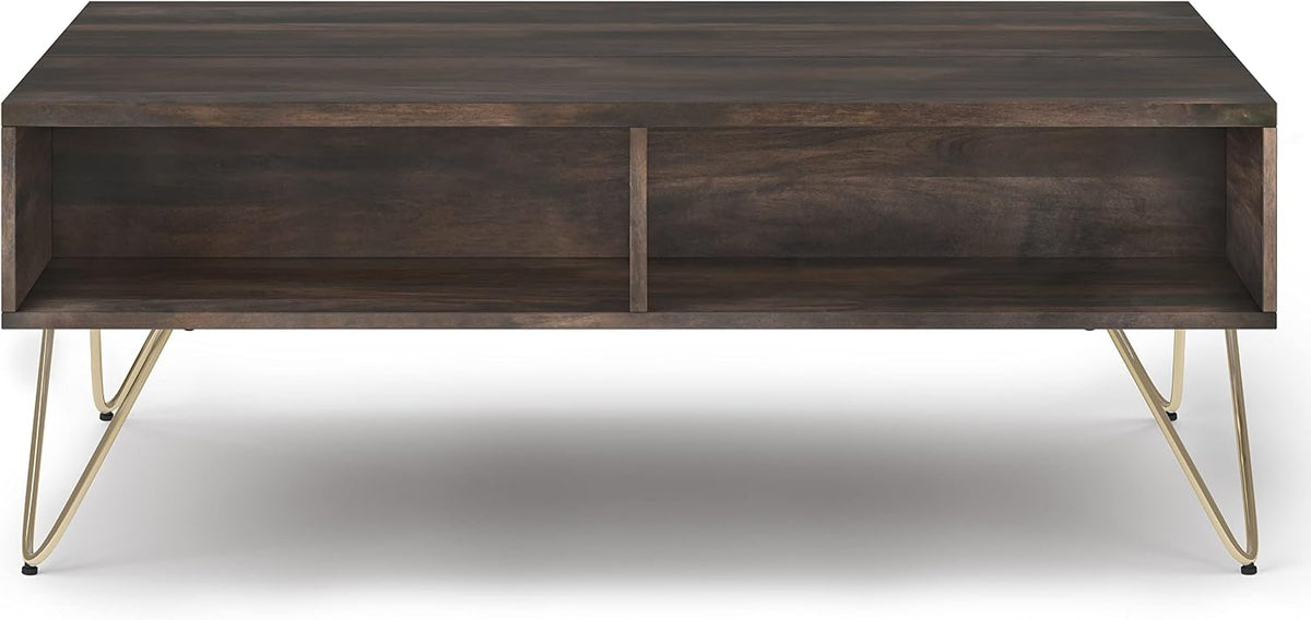 SIMPLIHOME Hunter SOLID MANGO WOOD and Metal 48 Inch Wide Rectangle Industrial Lift Top Coffee Table in Ebony, For the Living Room and Family Room