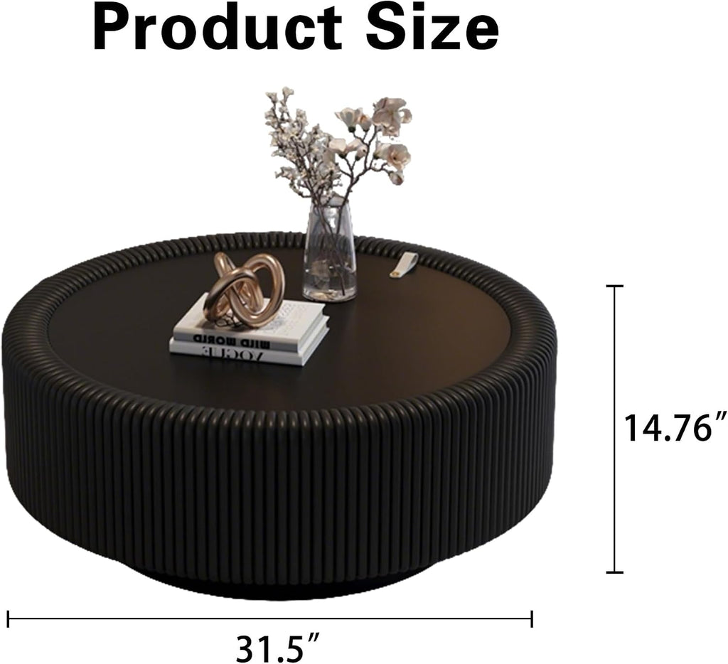 31.5' Black Round Coffee Table, Modern Fluted Drum Center Table with Hidden Storage & Tempered Glass Top & PU Leather Body, Minimalist Circle Glass Coffee Tea Tables for Living Room