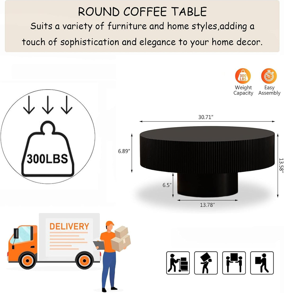 Round Fluted Coffee Table Modern Handcraft Drum Chipboard Wood Center Table, Unique Mid Century Aesthetic Low Coffee Table, for Living Room, Apartment,D