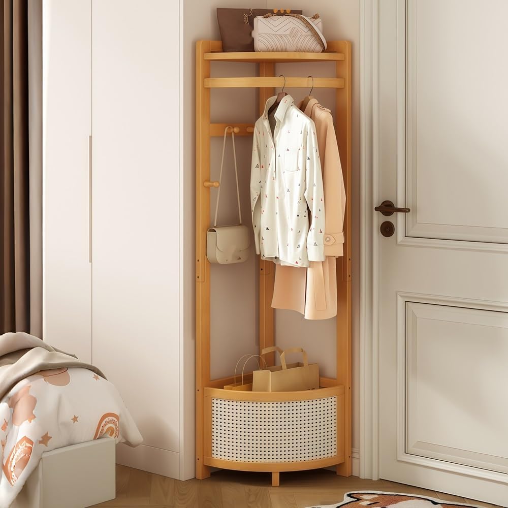 Corner Clothes Rack with Laundry Basket, Freestanding Coat Rack with Hooks, Wooden Corner Hall Tree with Storage Shelf for Bedroom, Entryway, Small Spaces(Natural)
