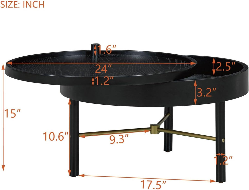 KEVINSPACE 24 Round Wood Coffee Table for Living Room with Storage Space - Rustic Modern Cocktail Table with Rotating Tray, Vintage Farmhouse Black