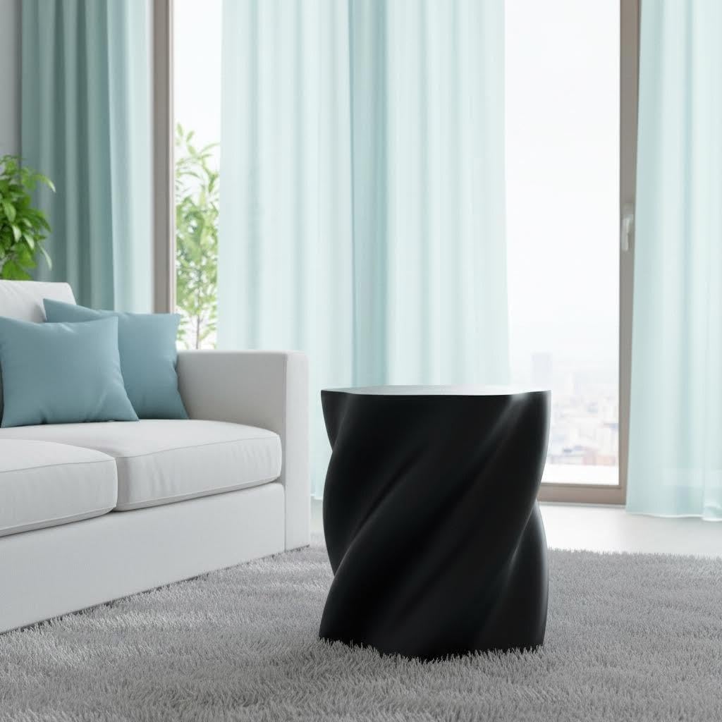 Art Deco Twisted End Table, Organic Sculptural Side Table for Living Room Decor, Modern Nightstand with Smooth Black Fiberglass Finish, Compact Accent Furniture for Small Spaces