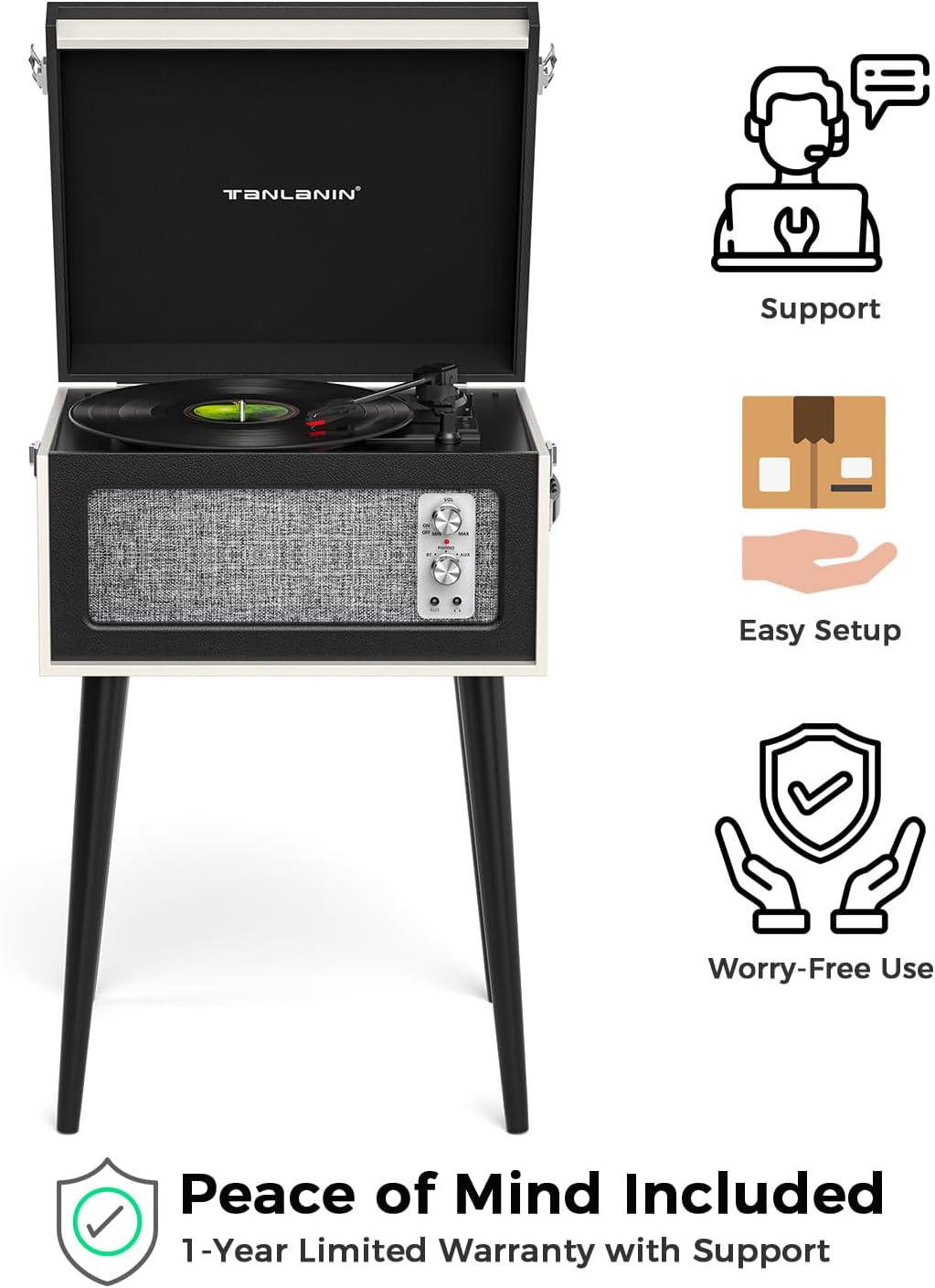 Vintage Standing Black Vinyl Record Player with Detachable Legs, Built-in 4 Speakers, USB to PC Encoding, 33/45/78 RPM LP Player Bluetooth Retro Turntables Support Headphone Jack, RCA Out, AUX in
