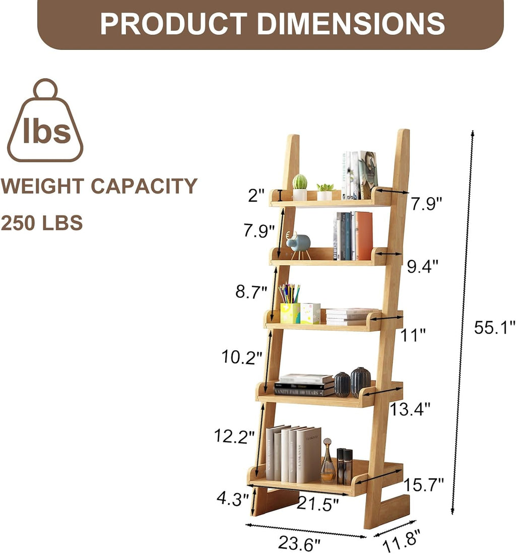 Ladder Shelf Bookcase, 5 Tier Wooden Ladder Bookshelf Space-Saving, Freestanding Storage Rack Organizer for Living Room, Home Office and Bedroom, Wood Color
