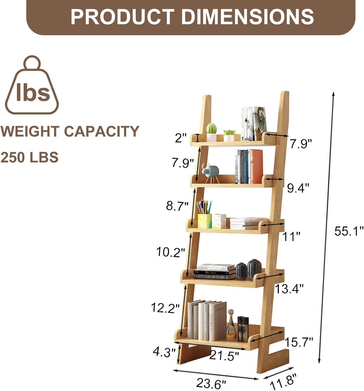Ladder Shelf Bookcase, 5 Tier Wooden Ladder Bookshelf Space-Saving, Freestanding Storage Rack Organizer for Living Room, Home Office and Bedroom, Wood Color
