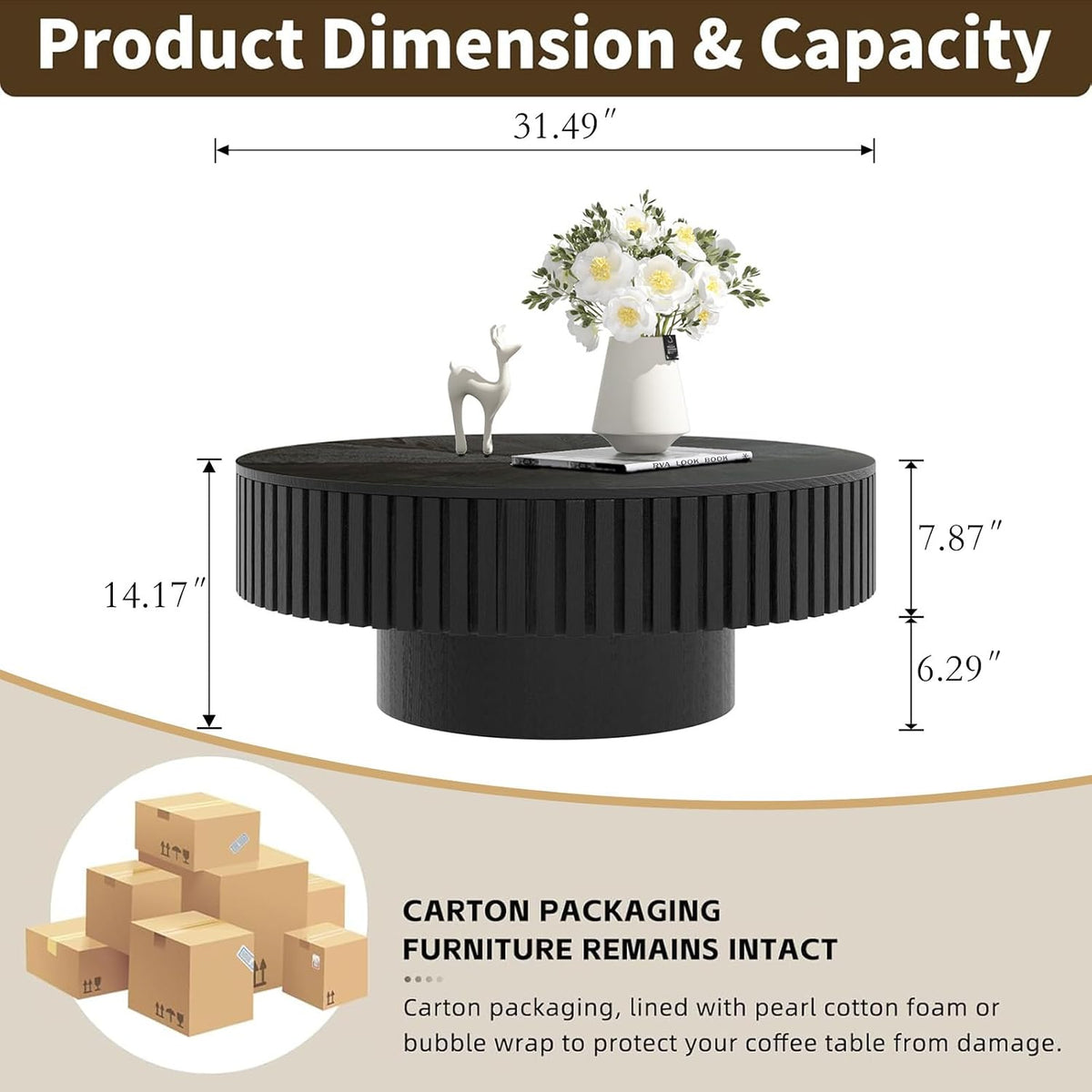 Fluted Round Coffee Table, Modern Wooden Coffee Table with Sturdy Base, Veneer Handcrafted Relief Circle Accent Center Tables for Living Room Apartment Small Space (HS)