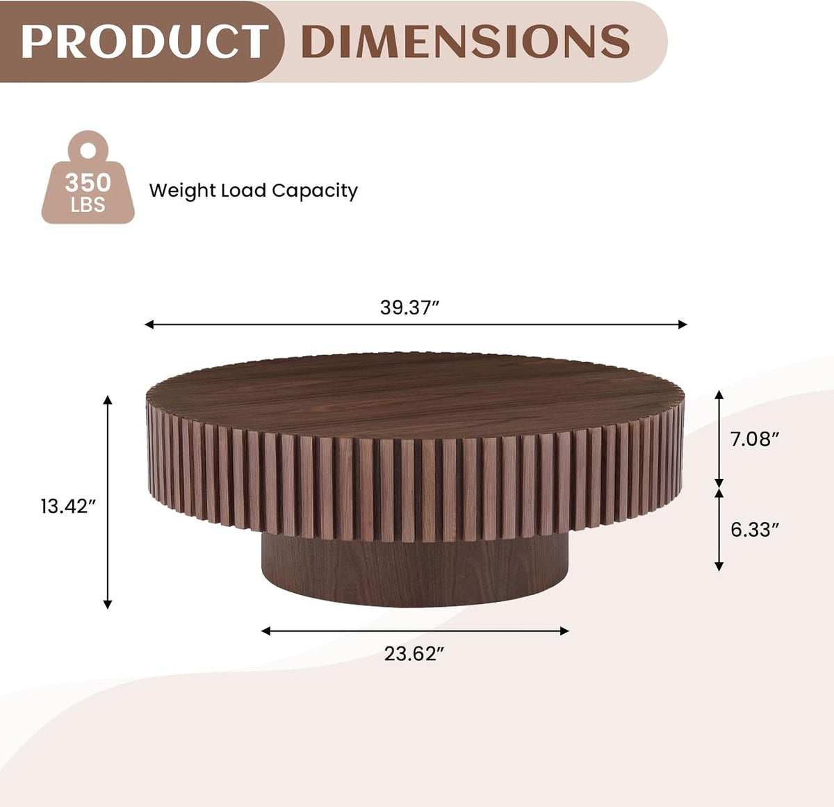39.37' Round Wood Coffee Table, Modern Unique Circle Coffee Table, Contemporary Drum Fluted Accent Side Table Center Table for Living Room, Office, Apartment, Walnut