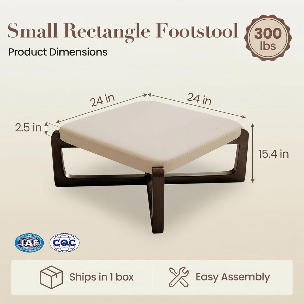 Faux Leather Square Coffee Table Ottoman,24' Coffee Table for Living Room Ottoman,Ash Wood Living Room Table,Small Footstool (Beige)