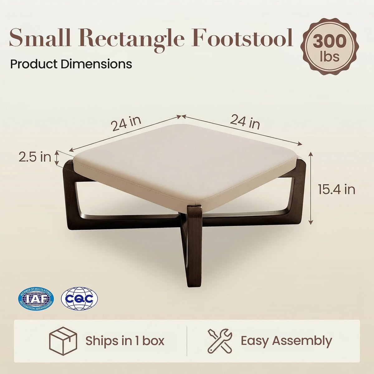 Faux Leather Square Coffee Table Ottoman,24' Coffee Table for Living Room Ottoman,Ash Wood Living Room Table,Small Footstool (Beige)