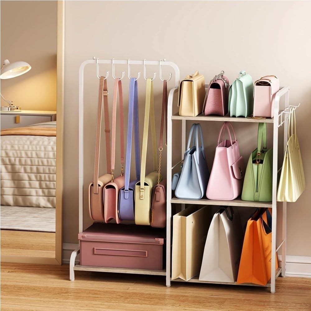 Large Capacity Mental Purse Organizer for Closet, Multifunctional 3-Tier Bag Rack with Hooks, Freestanding Handbag Storage for Cloakroom, Bedroom, Living Room