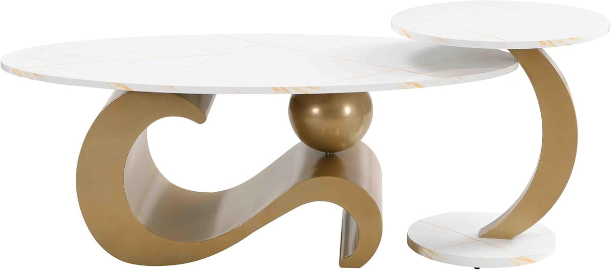 Faux Marble Nesting Coffee Table Set of 2,Modern Coffee Table Set with End Table,Oval Living Room Table with Gold Metal Base,White Marble Grain Top & 1 Drawer,Stack Tea Table Set