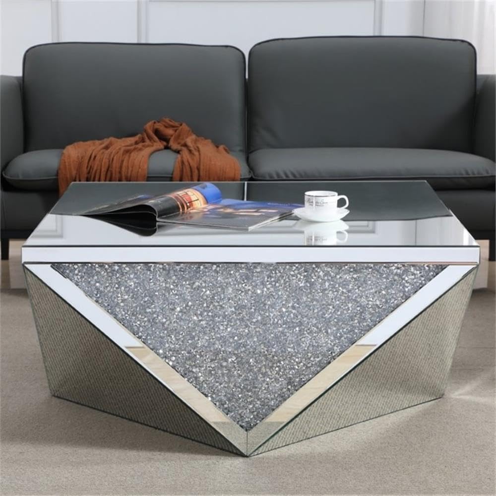 MAKLAINE Modern Square Polygonal Coffee Table, 38 in, Clear Silver Crystal Mirrored Finish, MDF and Glass Construction, Living Room Accent Table, Sleek Design