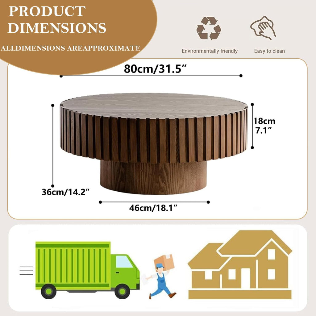 Handcrafted Round Fluted Coffee Table, Modern Mid Century Minimalist Elegant Drum Circle Coffee Table with Sturdy Pedestal for Living Room Apartment (J)