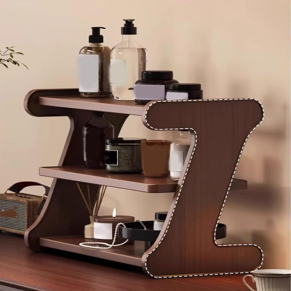 Coffee Station Bar Station Countertop Organizer Mug Cup Holder Stand Wooden Desk Organiser Organizer Kitchen Counter Shelf for Home Kitchen Office Brown 3*Tier*M