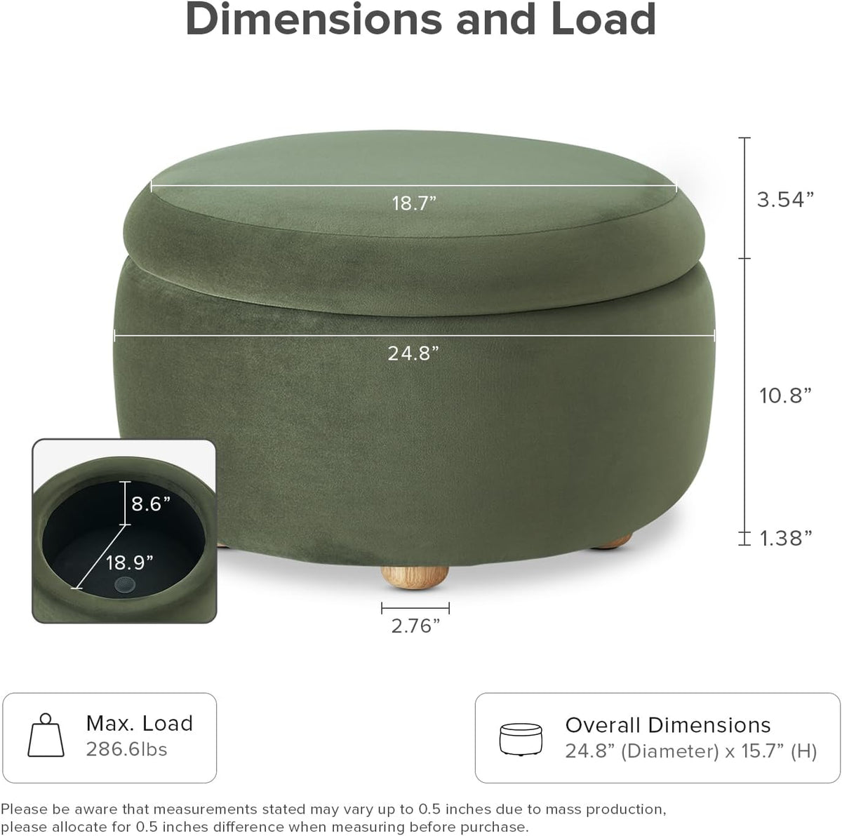 mopio Luna Round Ottoman with Storage and Tray, Round Coffee Table with Storage, Upholstered Foot Stools Ottoman for Living Room, Bedroom, with Solid Rubberwood Legs (Olive Green Premium Velvet)