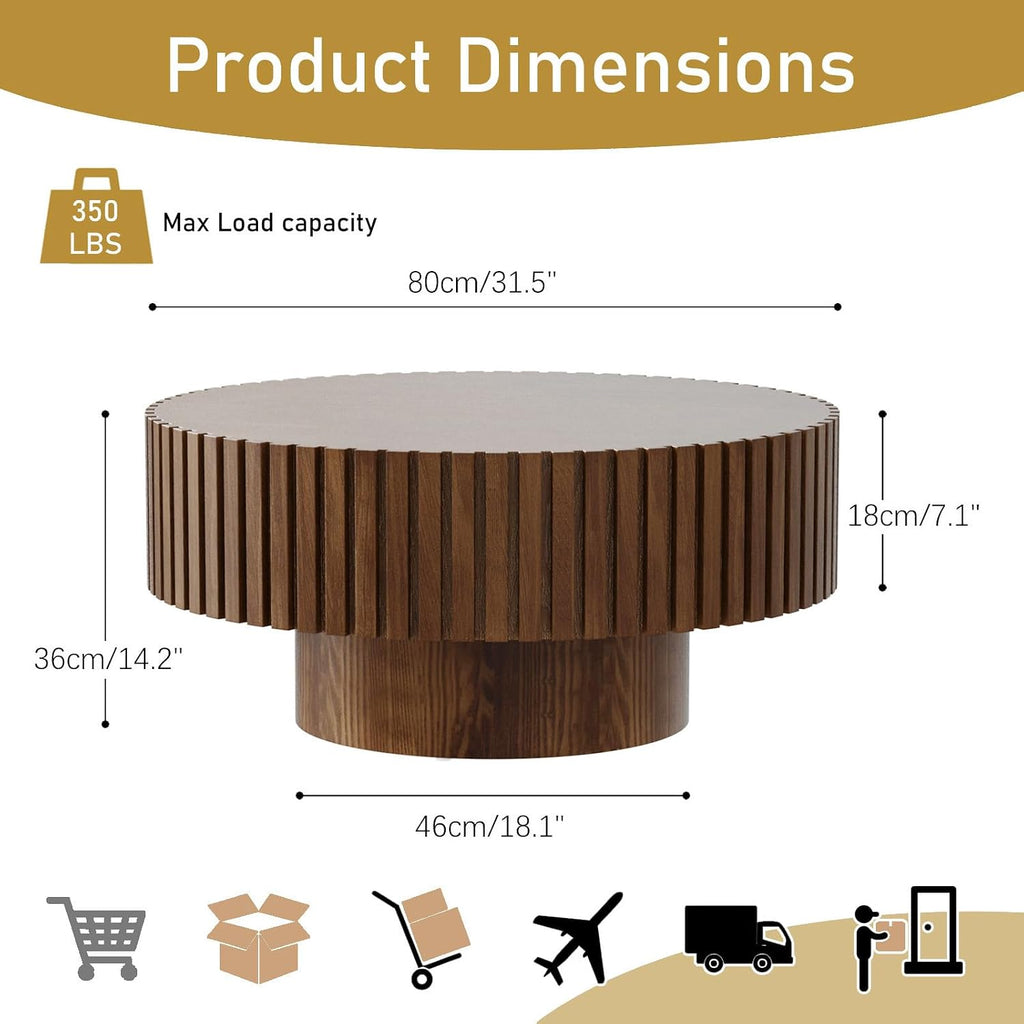 Round Drum Coffee Table 31.5' Wooden Coffee Tables Handcrafted Fluted Drum Coffee Table Modern Luxury Circle Center Table Vintage Farmhouse Center Table for Living Room (Round Dark Brown)