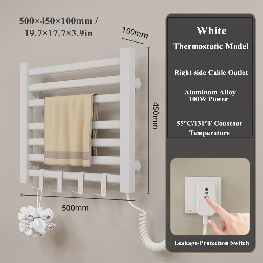 Heated Towel Rack Wall Mounted, Towel Warmers for Bathroom, 7 Bar Towel Warmer Rack with Hook, Plug in Heater, Electric Hot Towel Dryer, Rapid Heating,Multifunctional,White