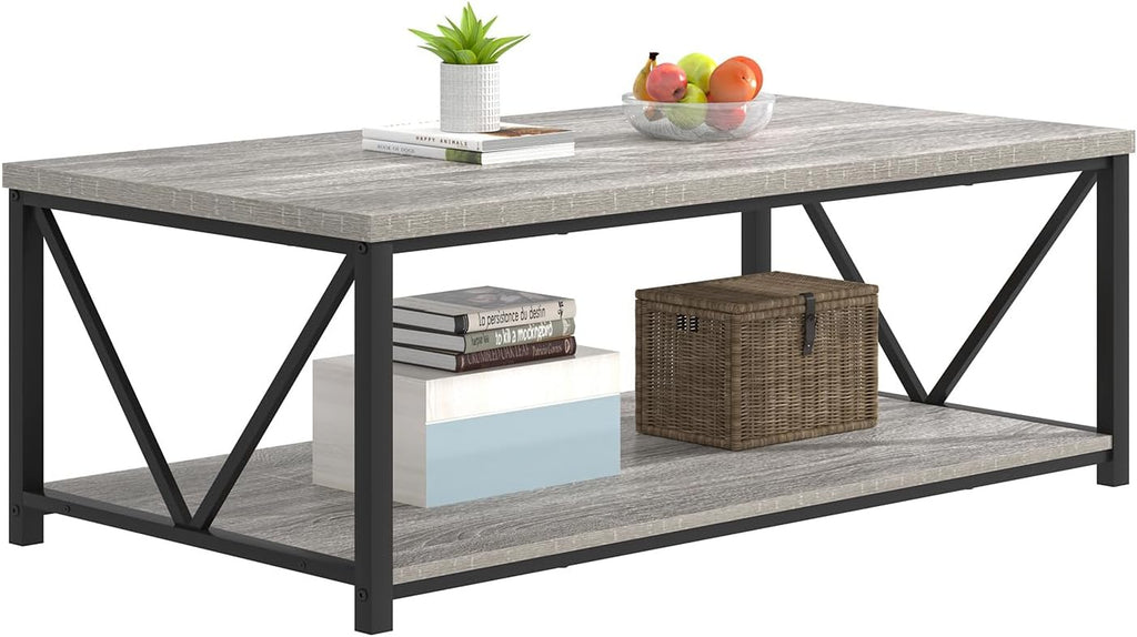 FOLUBAN Coffee Table, Modern Rectangle Living Room Table with Storage Shelf, Rustic Wood and Metal Center Table, Light Grey, 47 Inch