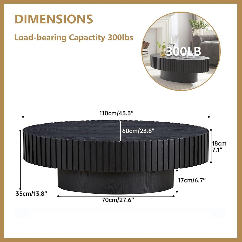 WXFKLDJ Oval Drum Coffee Table Black Fluted Coffee Table Wood Circle Center Table Pedestal End Table for Apartment Living Room (Black Oval)
