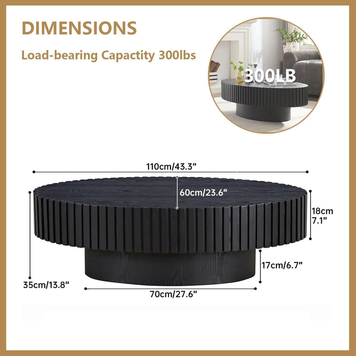 WXFKLDJ Oval Drum Coffee Table Black Fluted Coffee Table Wood Circle Center Table Pedestal End Table for Apartment Living Room (Black Oval)