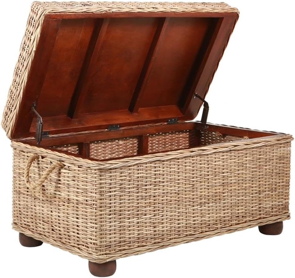 Pemberly Row Modern Kubu Wicker Rattan Storage Trunk, 37 in x 21.25 in x 19 in, Tan Finish, Handmade with Solid Mahogany Frame, Spacious Lift-Top Storage, Versatile Coffee Table for Living Room or