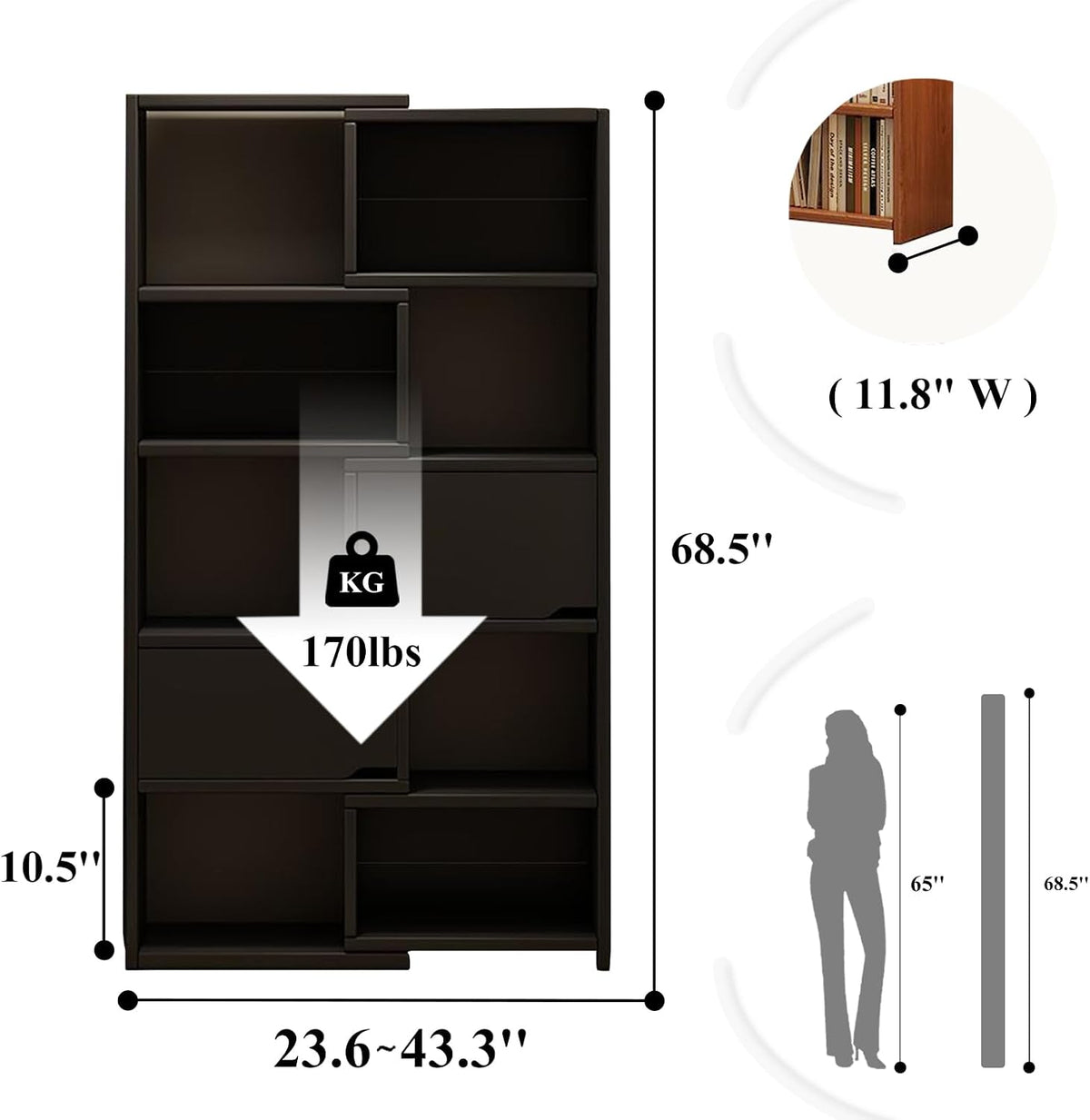 Wooden Expandable 3-in-1 Bookcase, Adjustable Width Wooden Bookshelf with 5-Tier Storage, Convertible Corner & Straight Shelf Organizer, Space-Saving Display Rack for Livi Black 23.6? × 11.8? × 68.5