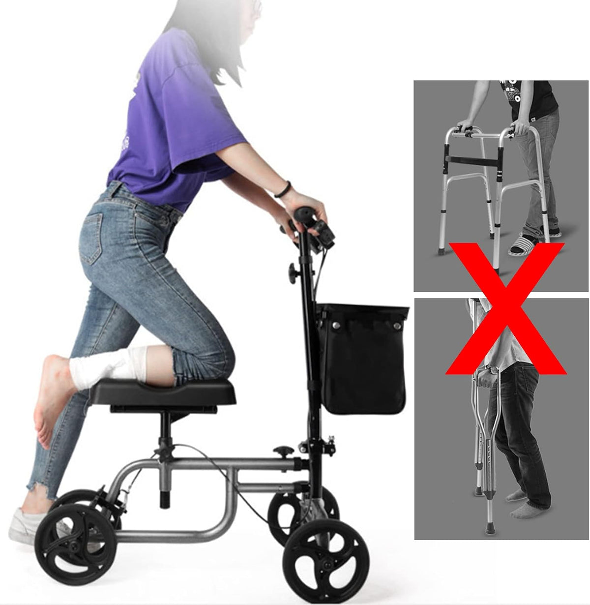Knee Walker Lightweight for Seniors Folding Walker for Elderly Disability Aids Rollator Walker Adjustable with Wheels Basket,Black (Black-A