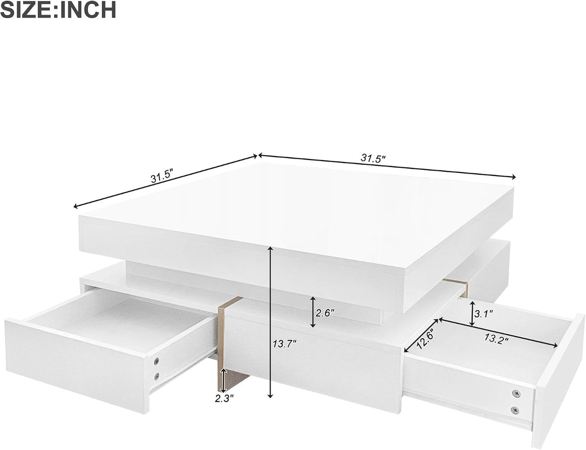 31.5' Square Coffee Table with 4 Drawers and High Gloss Surface, Modern White Cocktail Tea Table with Wood Grain Legs for Living Room or Bedroom