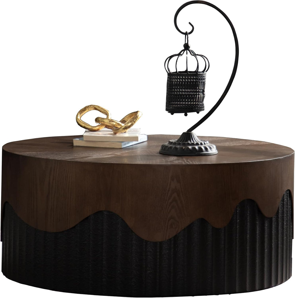 Round Coffee Table Wood Circle Modern Coffee Tables for Living Room Contemporary Fluted Center Wooden Drum Furniture Solid Wood for Apartment, Small Space No Need Assembly Ø 30.31',Walnut Brown