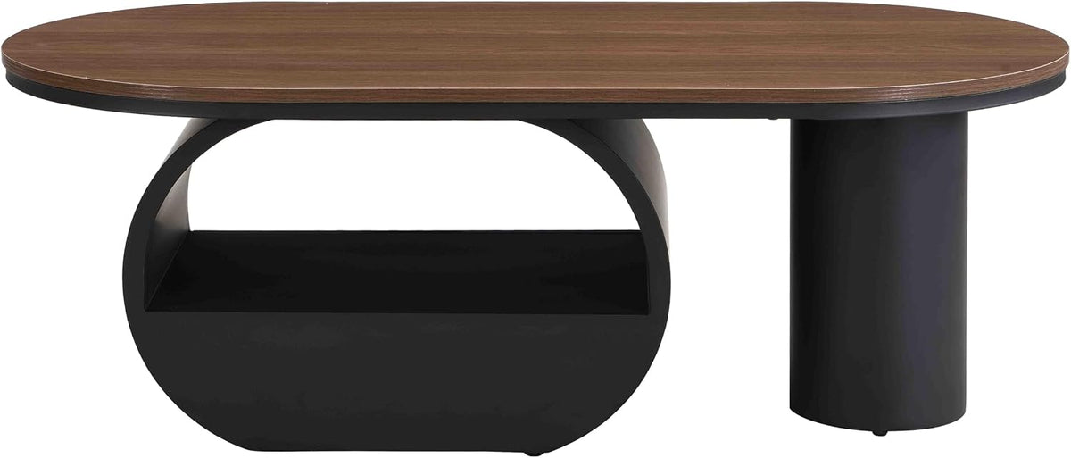 SSLine Modern Oval Coffee Table with Unique Pedestal Base Modern Walnut Top Coffee Table with Storage Drawer for Living Room Bedroom