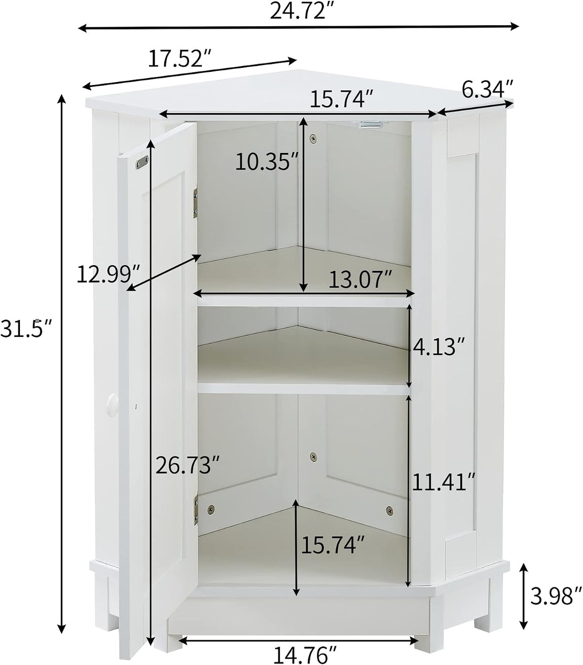 Corner Storage Cabinet with Door and Adjustable Shelf, Freestanding Floor Cupboard for Bathroom, Kitchen or Living Room, Wooden, White