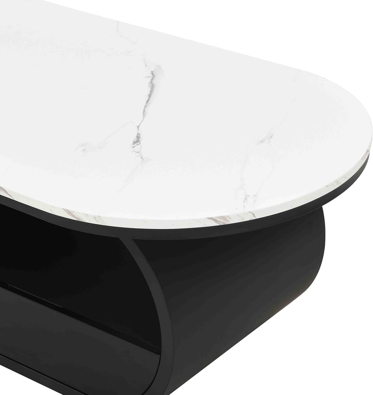 Oval Coffee Table, 47.24'' Modern Luxury Oval Decorative Coffee Center Table with White Faux Marble Top and Black Metal Base and 1 Drawer, Cocktail Tea Table for Living Room Apartment