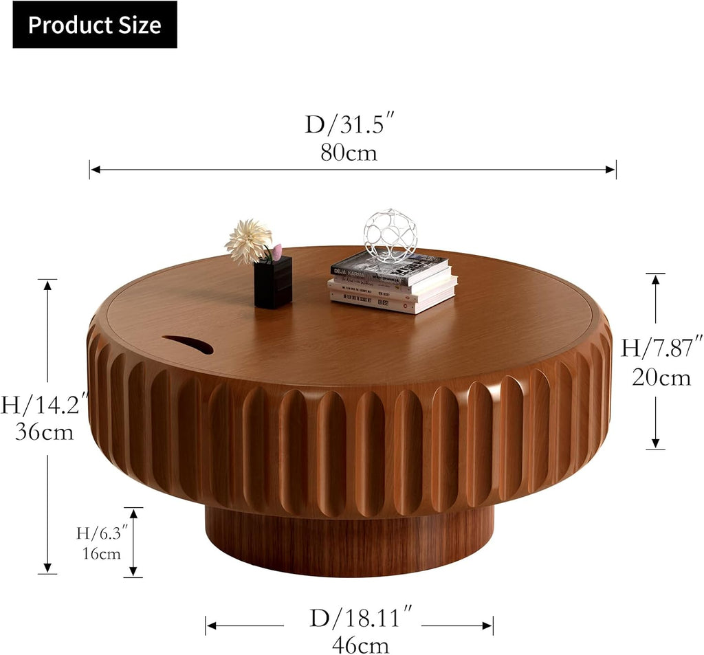 31.5'' Wooden Round Coffee Table with Storage, Modern Luxury Circle Drum Center Tables with Solid Wood Fluted, Accent Round Coffee Table for Living Room Apartment Small Space, Walnut