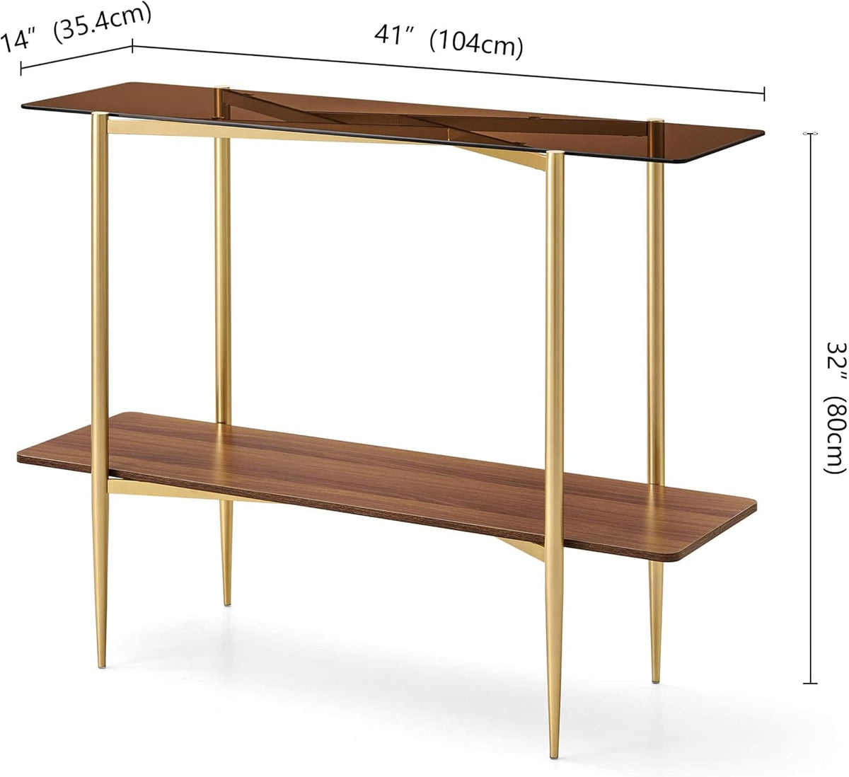 Rectangle Glass Console Table, Mid-Century Modern Design, L41*W14*H32 inch, for Living Room, Amber Glass Top and Walnut Finish Wood Shelf, Conical Metal Legs with Gold Finish