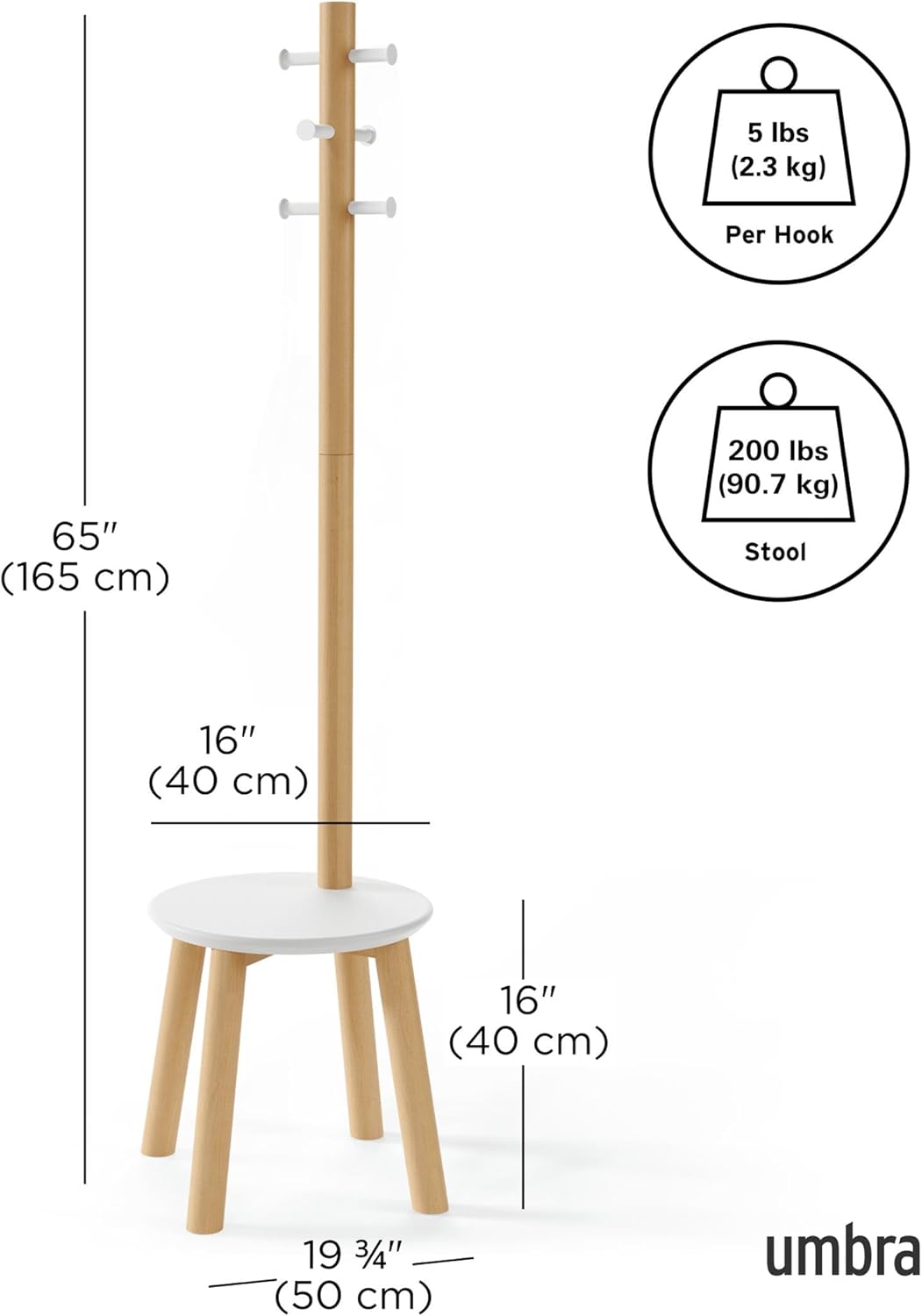 Umbra Pillar Coat Rack, Stool, Clothing Organizer, Umbrella Holder and Hat Organizer, Great for Entryway, White/Natural